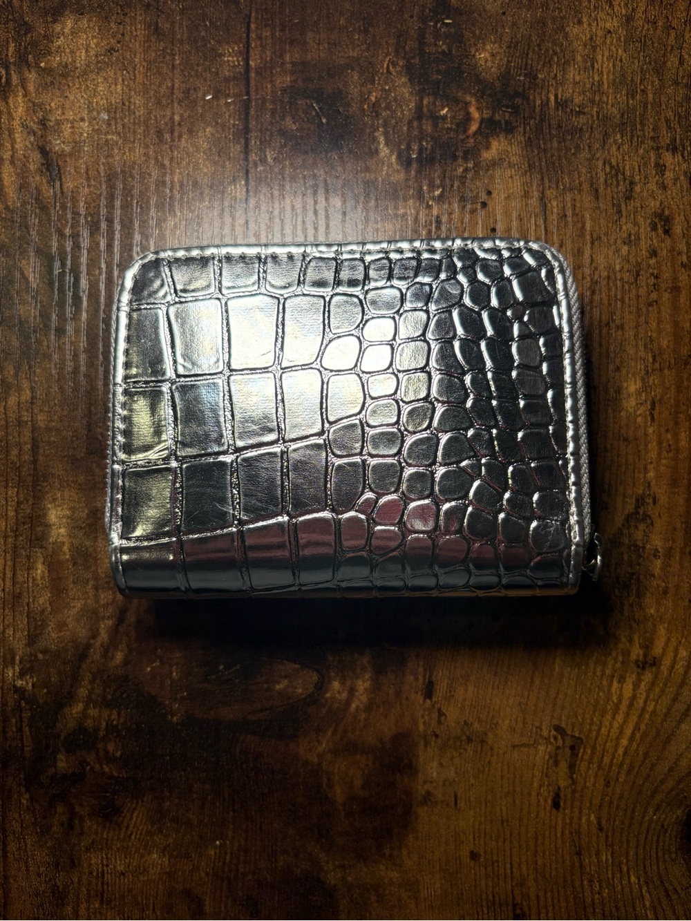 Metallic Croc-Embossed Zip Mini Wallet - Silver - Picture 2 of 3